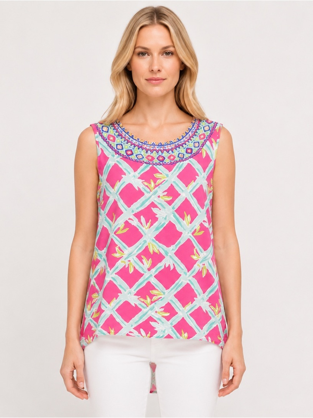 Lilly Pulitzer Iona Shell 100% Silk Back-Button Tank Top, Capri Pink, Size Large